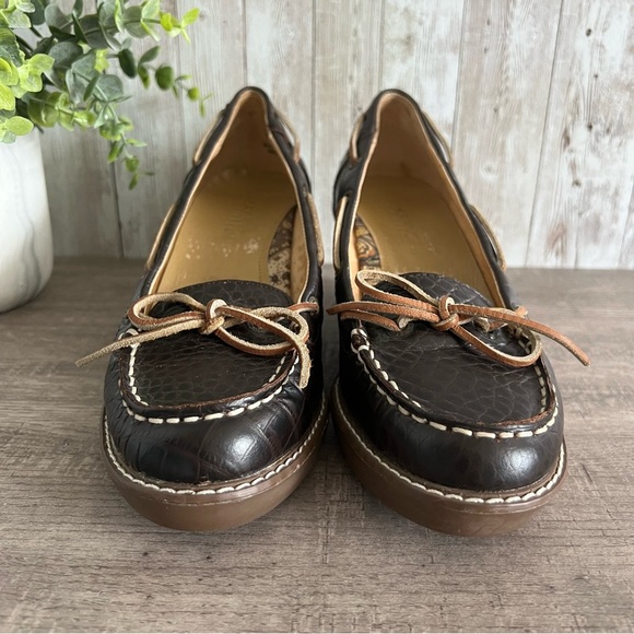 Sperry Topsider Dark Brown Embossed Leather Wedge Loafer Heels 7.5 - Picture 5 of 8